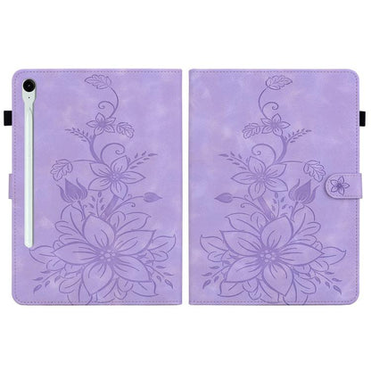 For Samsung Galaxy Tab S10 FE+ Lily Embossed Leather Tablet Case with Pen(Purple) by bashfashion