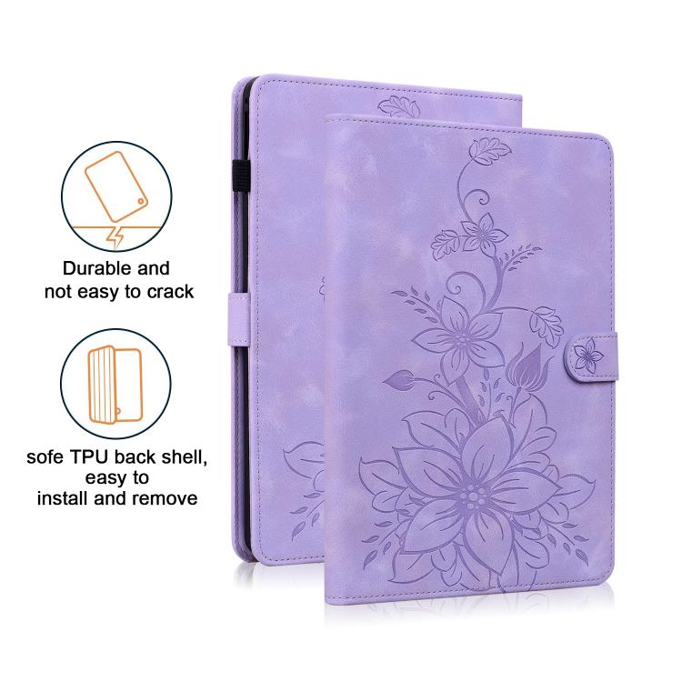For Samsung Galaxy Tab S10 FE+ Lily Embossed Leather Tablet Case with Pen(Purple) by bashfashion