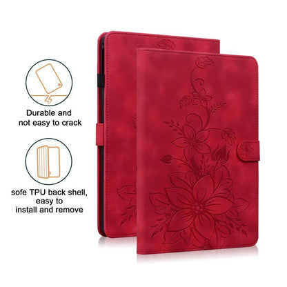 For Samsung Galaxy Tab S10 FE+ Lily Embossed Leather Tablet Case with Pen(Red) by bashfashion