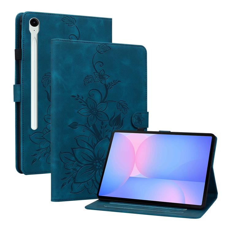For Samsung Galaxy Tab S10 FE+ Lily Embossed Leather Tablet Case with Pen(Dark Blue) by bashfashion