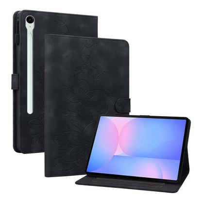For Samsung Galaxy Tab S10 FE+ Lily Embossed Leather Tablet Case with Pen(Black) by bashfashion