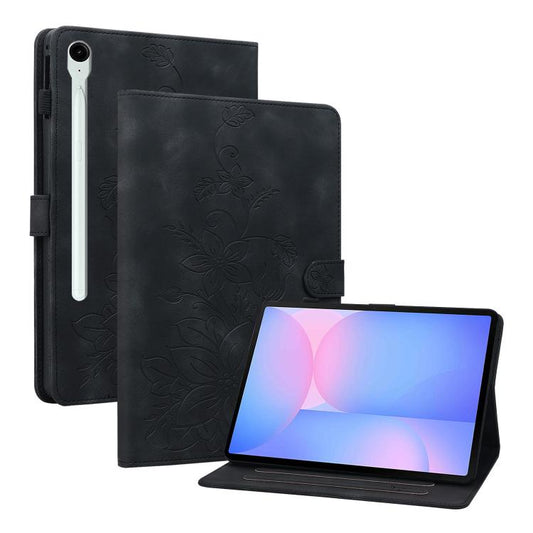 For Samsung Galaxy Tab S10 FE+ Lily Embossed Leather Tablet Case with Pen(Black) by bashfashion