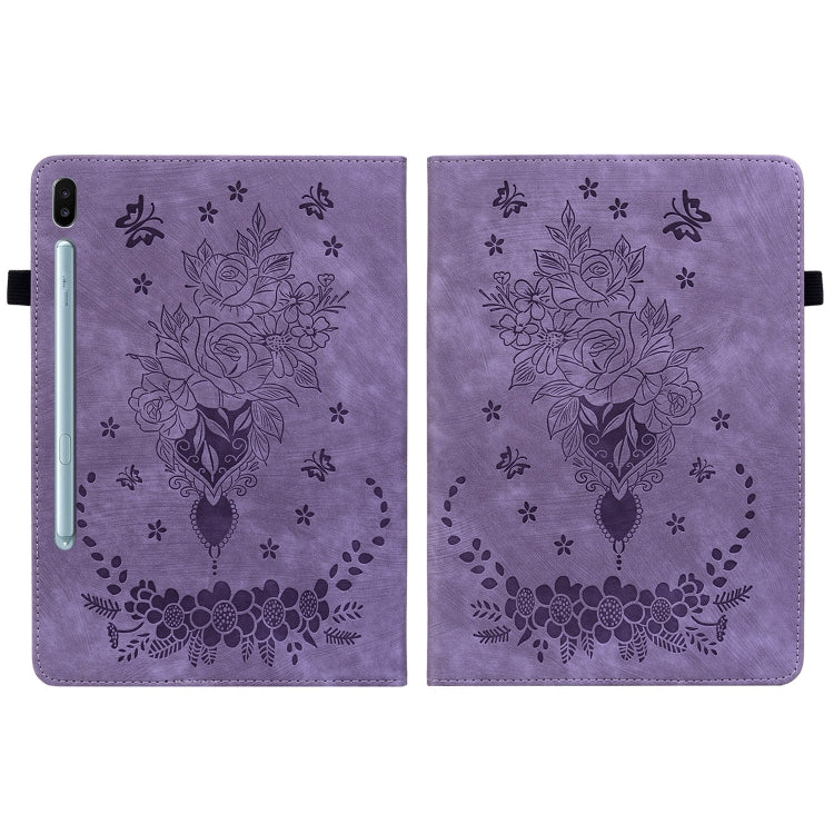 For Samsung Galaxy Tab S6 SM-T860/T865 Butterfly Rose Embossed Leather Tablet Case, without Pen(Purple) by bashfashion