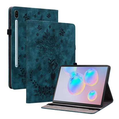 For Samsung Galaxy Tab S6 SM-T860/T865 Butterfly Rose Embossed Leather Tablet Case, without Pen(Dark Blue) by bashfashion