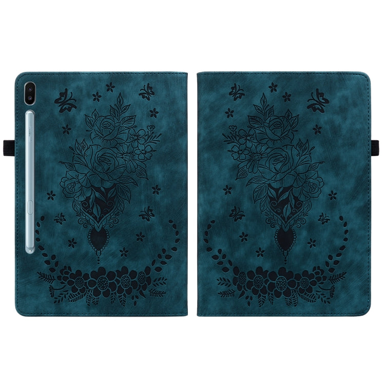 For Samsung Galaxy Tab S6 SM-T860/T865 Butterfly Rose Embossed Leather Tablet Case, without Pen(Dark Blue) by bashfashion