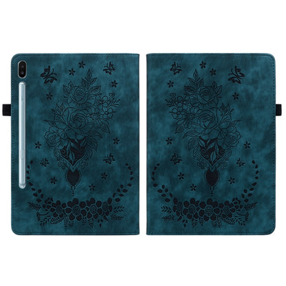 For Samsung Galaxy Tab S6 SM-T860/T865 Butterfly Rose Embossed Leather Tablet Case, without Pen(Dark Blue) by bashfashion