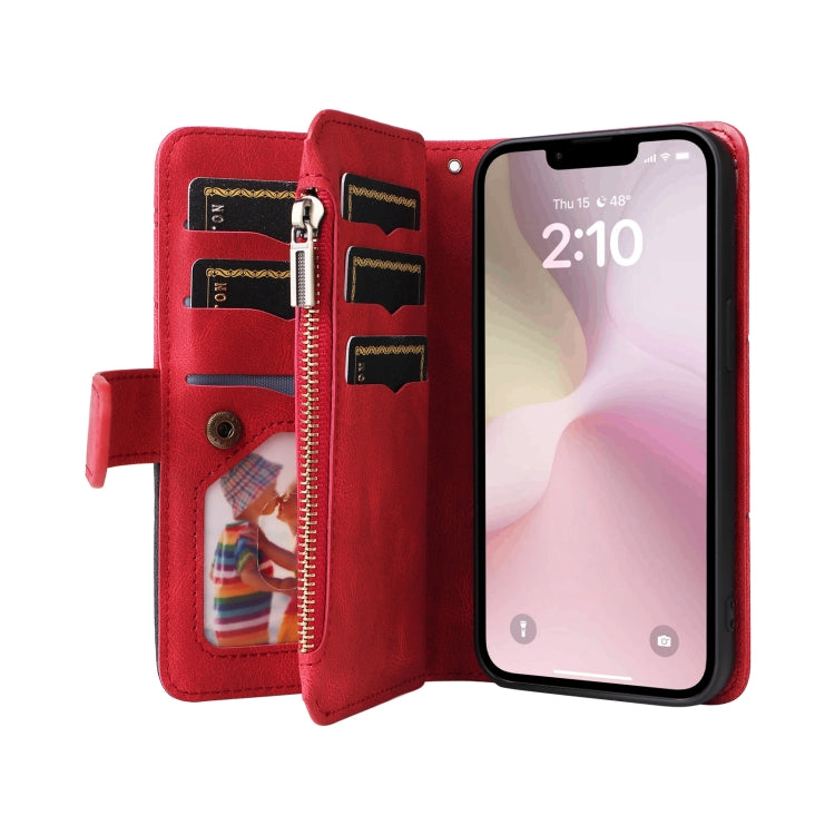 For iPhone 16e Dual-color 9 Card Slots Zipper Wallet Leather Phone Case(Red) by bashfashion