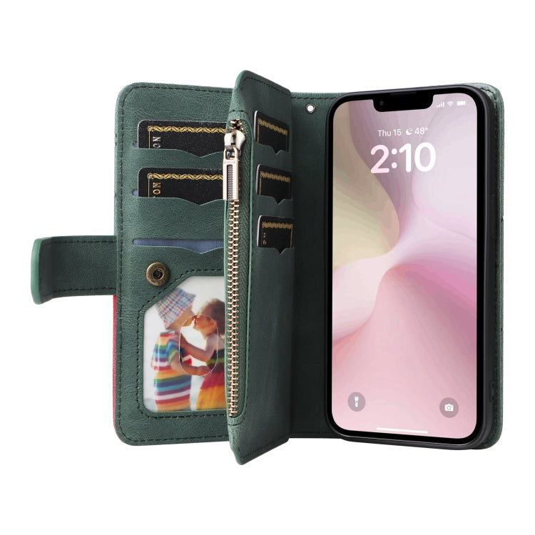 For iPhone 16e Dual-color 9 Card Slots Zipper Wallet Leather Phone Case(Green) by bashfashion