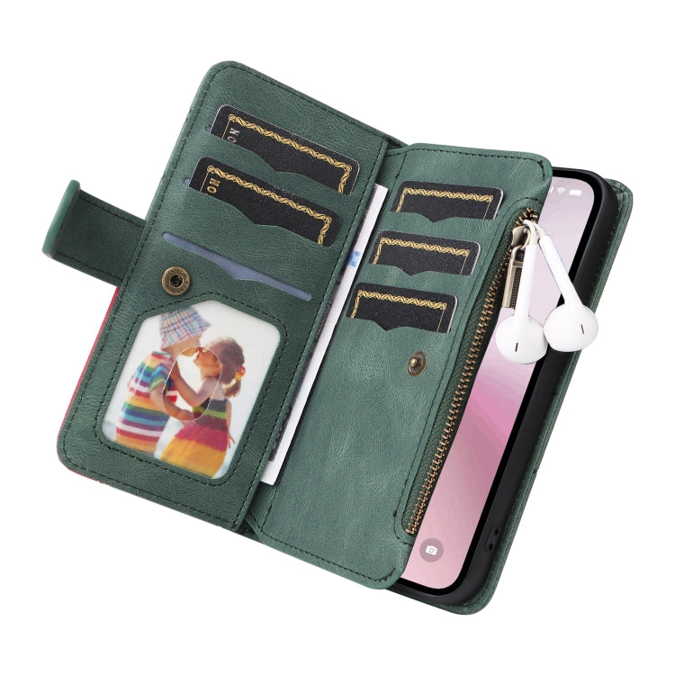 For iPhone 16e Dual-color 9 Card Slots Zipper Wallet Leather Phone Case(Green) by bashfashion
