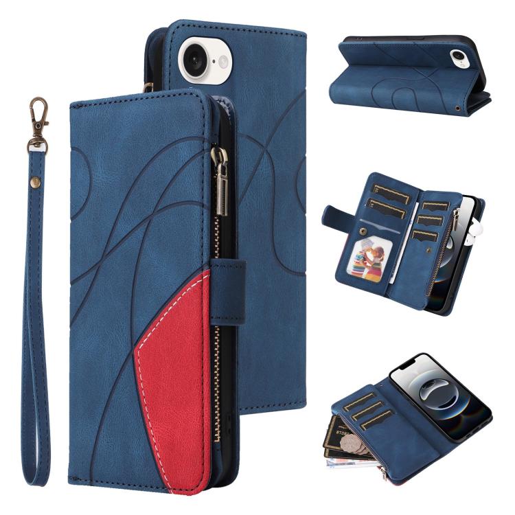 For iPhone 16e Dual-color 9 Card Slots Zipper Wallet Leather Phone Case(Blue) by bashfashion