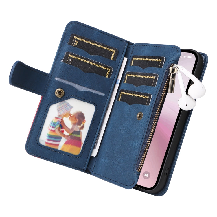 For iPhone 16e Dual-color 9 Card Slots Zipper Wallet Leather Phone Case(Blue) by bashfashion