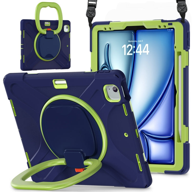 For iPad Air 13 2024 / Air 13 2025 Silicone Hybrid PC Tablet Case with Holder & Shoulder Strap(Navy Blue Lime) by bashfashion