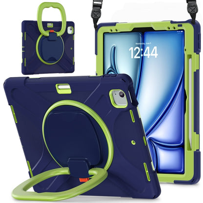 For iPad Air 13 2024 / Air 13 2025 Silicone Hybrid PC Tablet Case with Holder & Shoulder Strap(Navy Blue Lime) by bashfashion