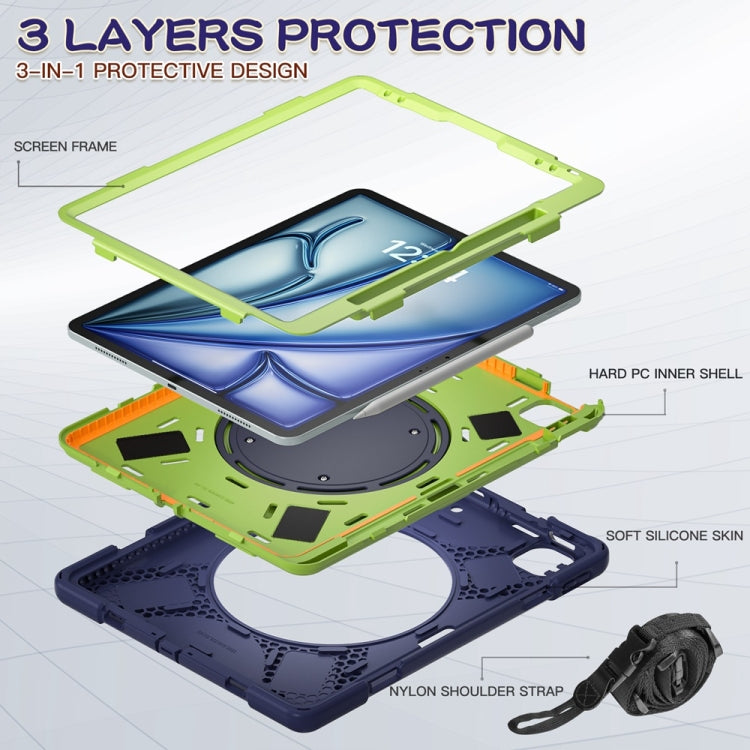 For iPad Air 13 2024 / Air 13 2025 Silicone Hybrid PC Tablet Case with Holder & Shoulder Strap(Navy Blue Lime) by bashfashion