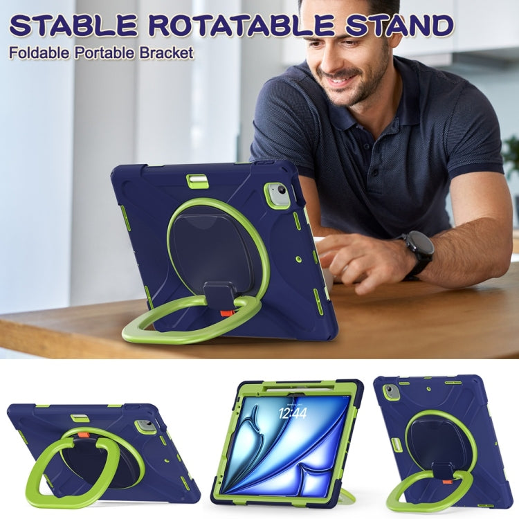 For iPad Air 13 2024 / Air 13 2025 Silicone Hybrid PC Tablet Case with Holder & Shoulder Strap(Navy Blue Lime) by bashfashion