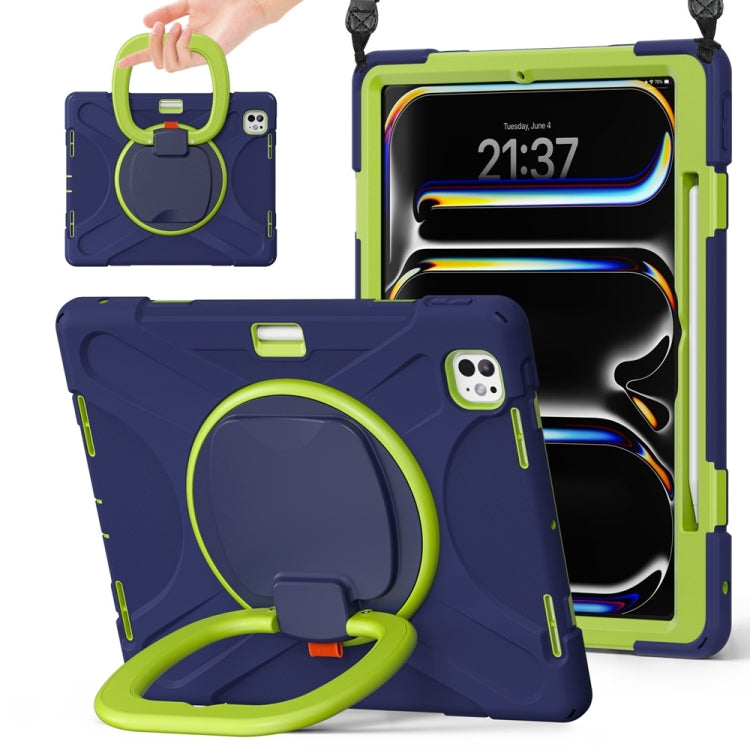 For iPad Pro 13 2025 / 2024 Silicone Hybrid PC Tablet Case with Holder & Shoulder Strap(Navy Blue Lime) by bashfashion