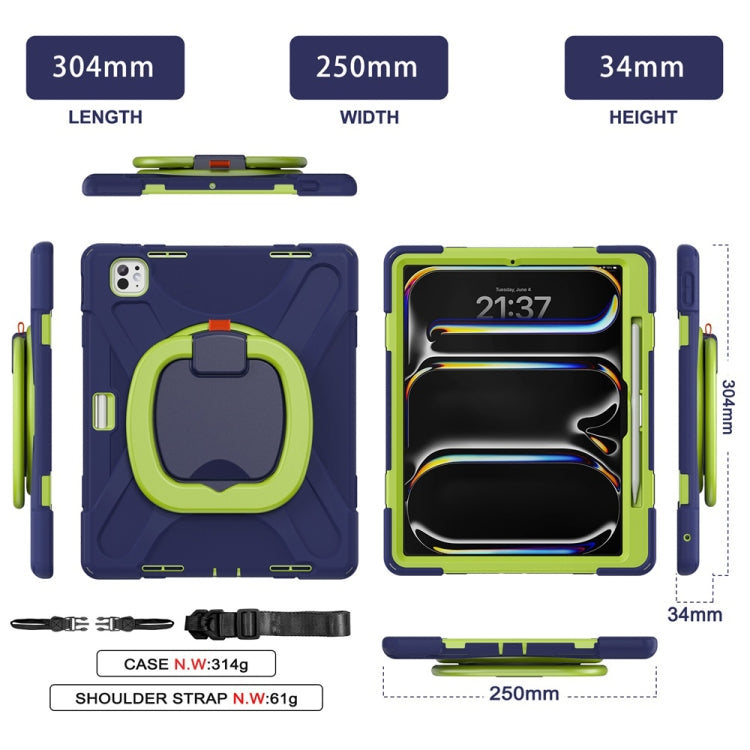 For iPad Pro 13 2025 / 2024 Silicone Hybrid PC Tablet Case with Holder & Shoulder Strap(Navy Blue Lime) by bashfashion