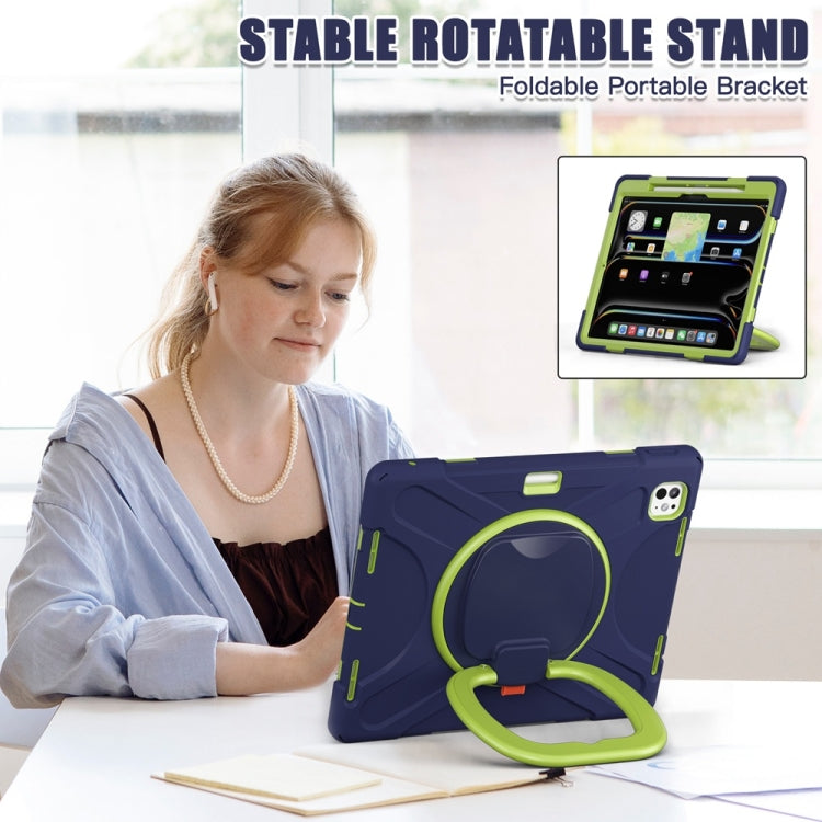 For iPad Pro 13 2025 / 2024 Silicone Hybrid PC Tablet Case with Holder & Shoulder Strap(Navy Blue Lime) by bashfashion