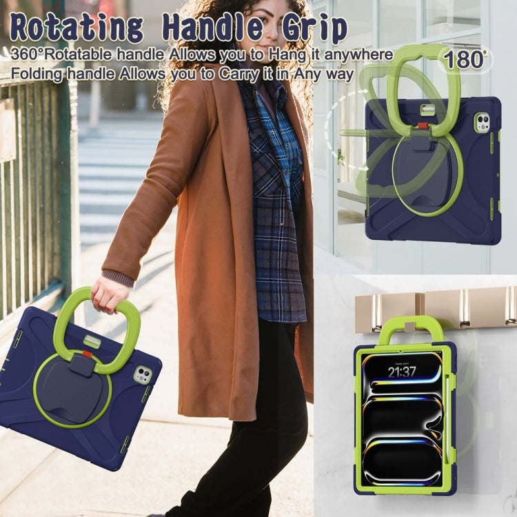 For iPad Pro 13 2025 / 2024 Silicone Hybrid PC Tablet Case with Holder & Shoulder Strap(Navy Blue Lime) by bashfashion