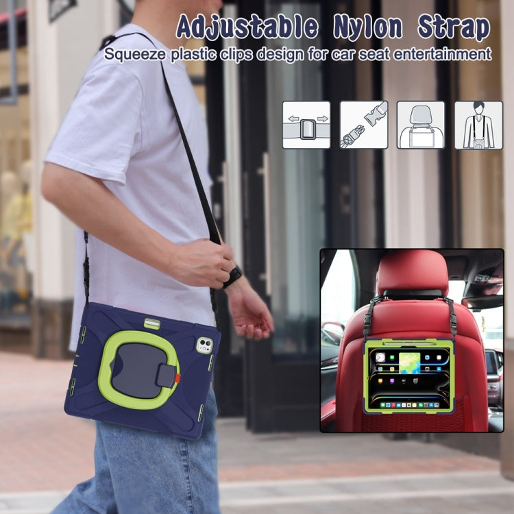 For iPad Pro 13 2025 / 2024 Silicone Hybrid PC Tablet Case with Holder & Shoulder Strap(Navy Blue Lime) by bashfashion