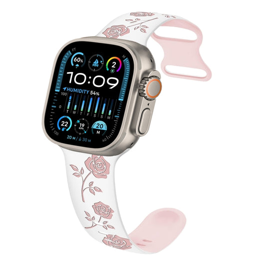 For Apple Watch Ultra 49mm Two-color Rose Engraved Silicone Watch Band(White Pink) by bashfashion