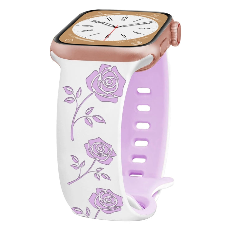 For Apple Watch Ultra 49mm Two-color Rose Engraved Silicone Watch Band(White Purple) by bashfashion