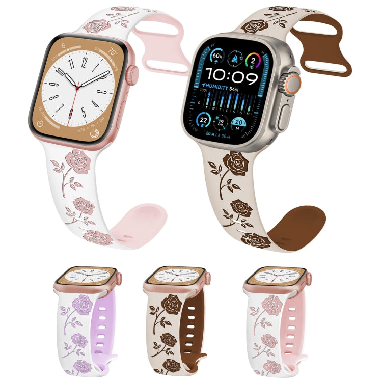 For Apple Watch Ultra 2 49mm Two-color Rose Engraved Silicone Watch Band(Starlight Caramel) by bashfashion