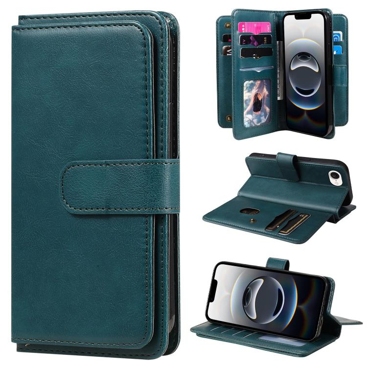 For iPhone 16e Multi-Function Wallet 10 Card Slots Leather Phone Case(Dark Green) by bashfashion