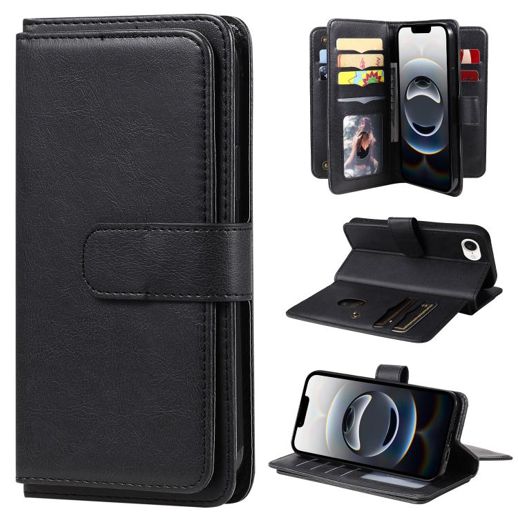 For iPhone 16e Multi-Function Wallet 10 Card Slots Leather Phone Case(Black) by bashfashion