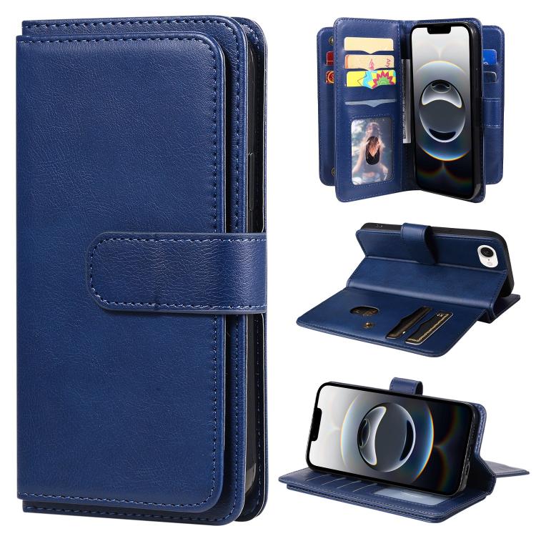 For iPhone 16e Multi-Function Wallet 10 Card Slots Leather Phone Case(Dark Blue) by bashfashion