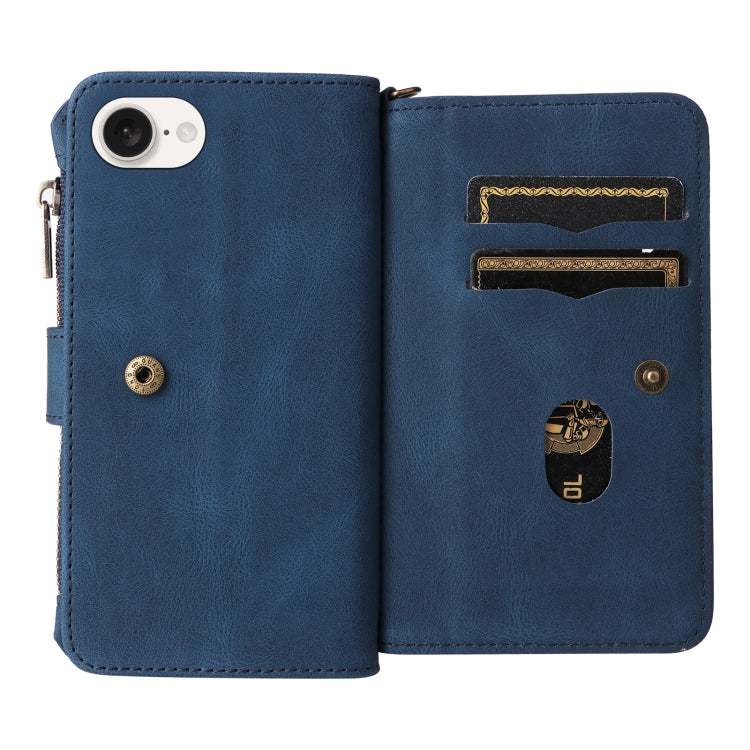 For iPhone 16e Skin Feel Multi Card Slots Zipper Wallet Leather Phone Case(Blue) by bashfashion