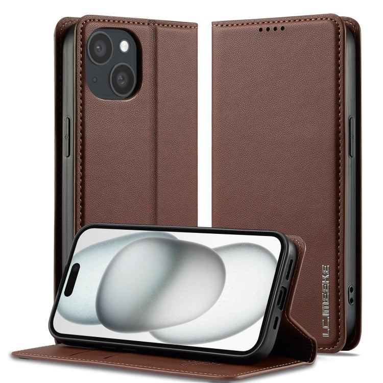 For iPhone 15 LC.IMEEKE L1 Series Frosted Fine Texture PU Phone Case(Brown) by LC.IMEEKE