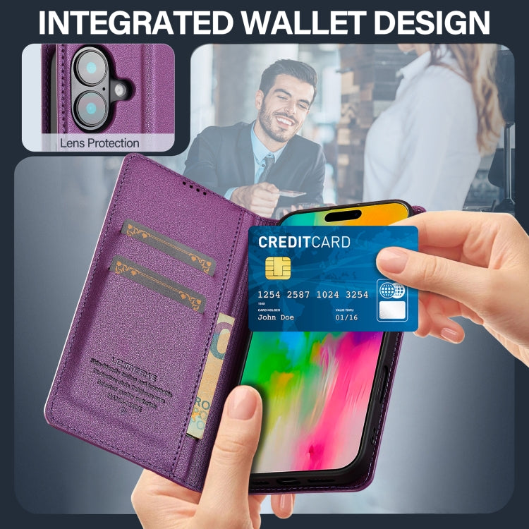 For iPhone 16 LC.IMEEKE L1 Series Frosted Fine Texture PU Phone Case(Purple) by LC.IMEEKE