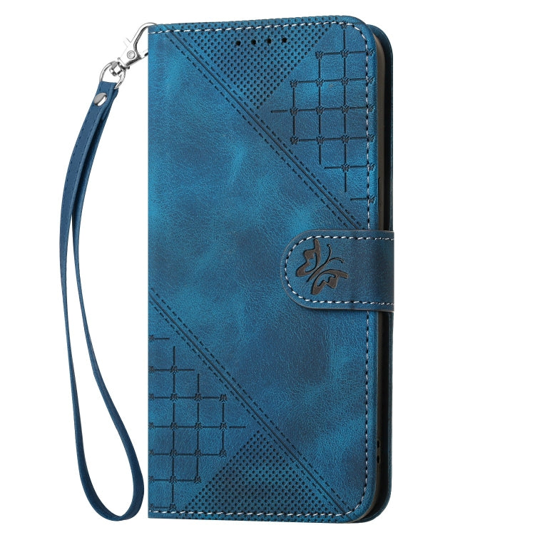 For iPhone 16e YX0080 Grid Butterfly Embossed Pattern Flip Leather Phone Case with Lanyard(Dark Blue) by bashfashion
