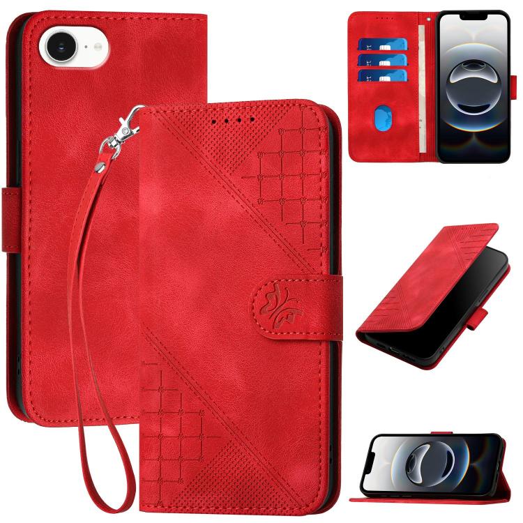 For iPhone 16e YX0080 Grid Butterfly Embossed Pattern Flip Leather Phone Case with Lanyard(Red) by bashfashion