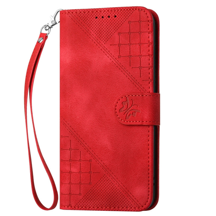 For iPhone 16e YX0080 Grid Butterfly Embossed Pattern Flip Leather Phone Case with Lanyard(Red) by bashfashion