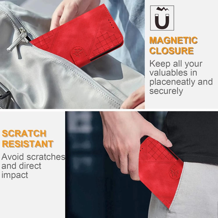 For iPhone 16e YX0080 Grid Butterfly Embossed Pattern Flip Leather Phone Case with Lanyard(Red) by bashfashion