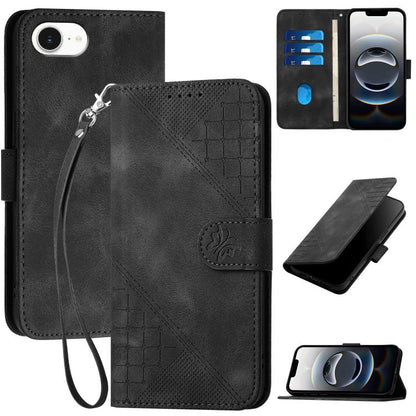 For iPhone 16e YX0080 Grid Butterfly Embossed Pattern Flip Leather Phone Case with Lanyard(Black) by bashfashion