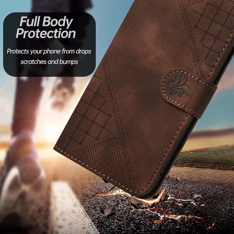 For iPhone 16e YX0080 Grid Butterfly Embossed Pattern Flip Leather Phone Case with Lanyard(Coffee) by bashfashion
