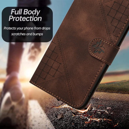 For iPhone 16e YX0080 Grid Butterfly Embossed Pattern Flip Leather Phone Case with Lanyard(Coffee) by bashfashion