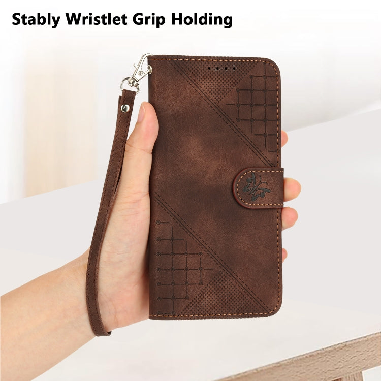 For iPhone 16e YX0080 Grid Butterfly Embossed Pattern Flip Leather Phone Case with Lanyard(Coffee) by bashfashion