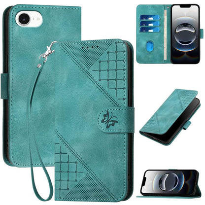 For iPhone 16e YX0080 Grid Butterfly Embossed Pattern Flip Leather Phone Case with Lanyard(Light Blue) by bashfashion