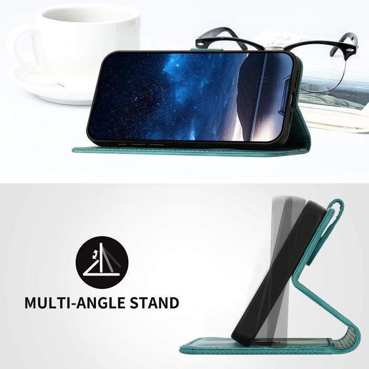 For iPhone 16e YX0080 Grid Butterfly Embossed Pattern Flip Leather Phone Case with Lanyard(Light Blue) by bashfashion