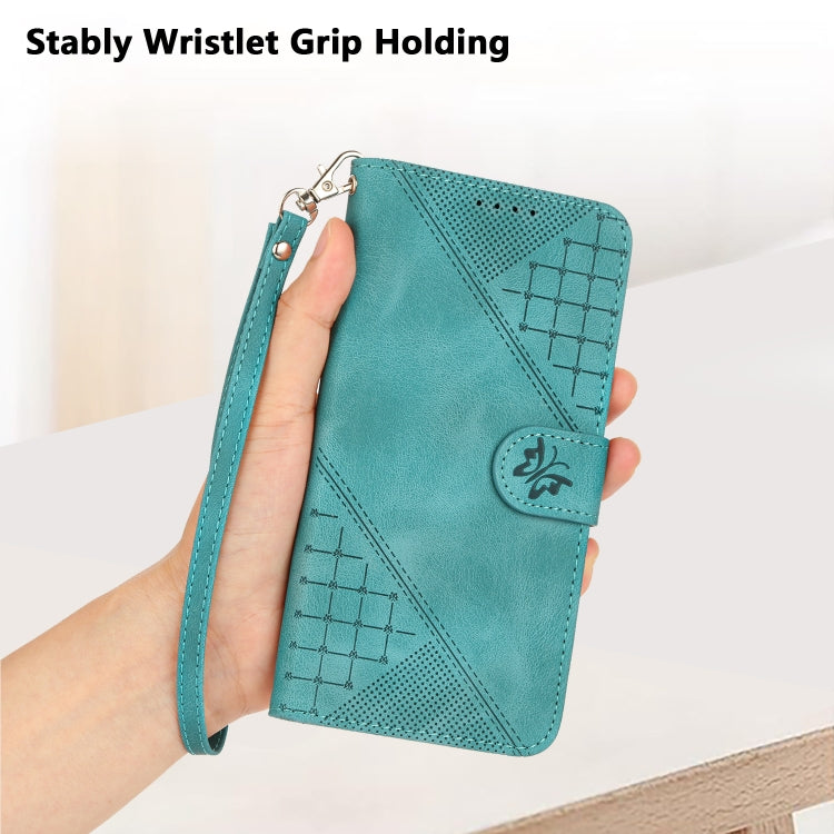 For iPhone 16e YX0080 Grid Butterfly Embossed Pattern Flip Leather Phone Case with Lanyard(Light Blue) by bashfashion