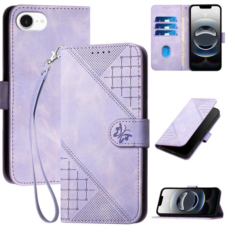 For iPhone 16e YX0080 Grid Butterfly Embossed Pattern Flip Leather Phone Case with Lanyard(Light Purple) by bashfashion