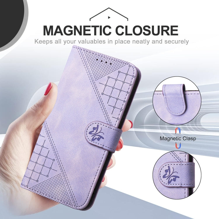 For iPhone 16e YX0080 Grid Butterfly Embossed Pattern Flip Leather Phone Case with Lanyard(Light Purple) by bashfashion