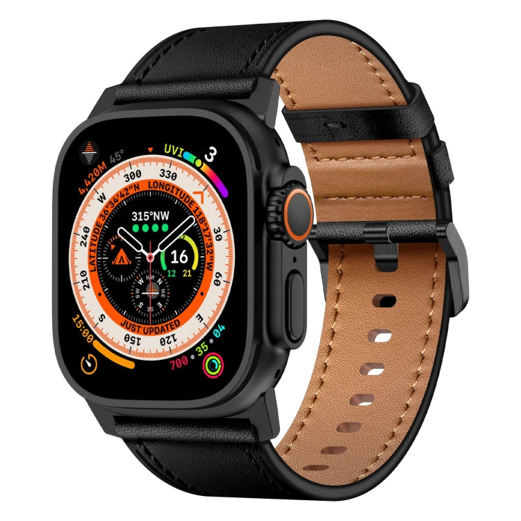 For Apple Watch Ultra 2 49mm Wilderness Top-grain Leather Watch Band(Black Connector Black) by bashfashion