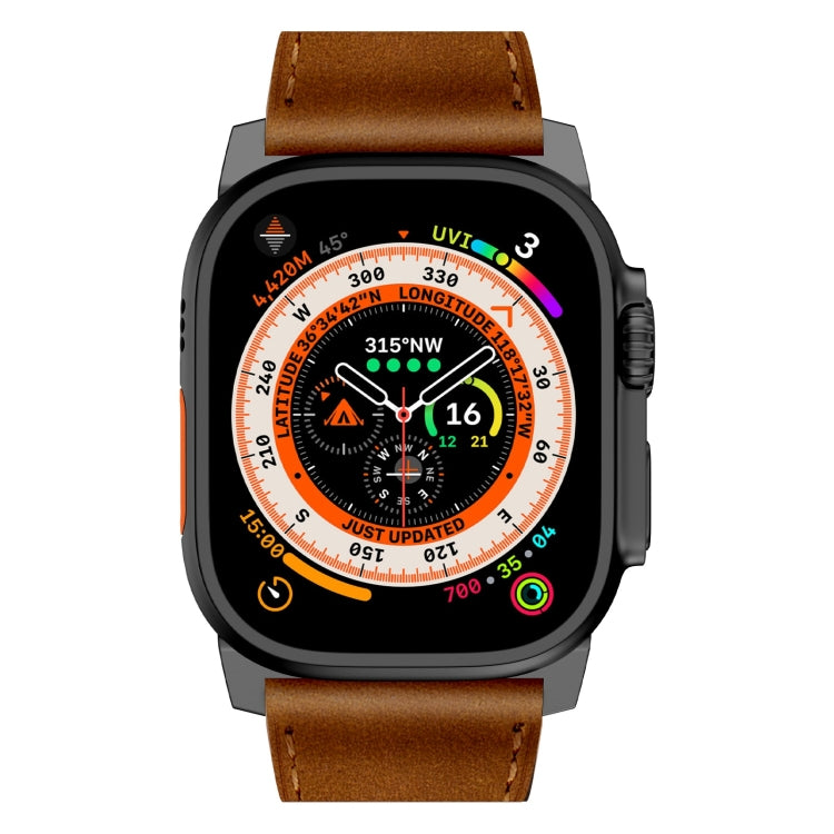 For Apple Watch Ultra 2 49mm Wilderness Top-grain Leather Watch Band(Black Connector Red Brown) by bashfashion