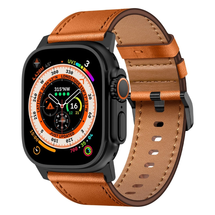 For Apple Watch Ultra 2 49mm Wilderness Top-grain Leather Watch Band(Black Connector Brown) by bashfashion