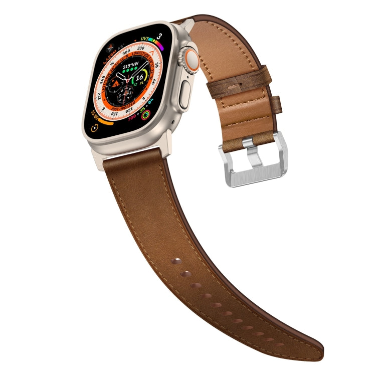 For Apple Watch Series 9 45mm Wilderness Top-grain Leather Watch Band(Titanium Connector Dark Brown) by bashfashion